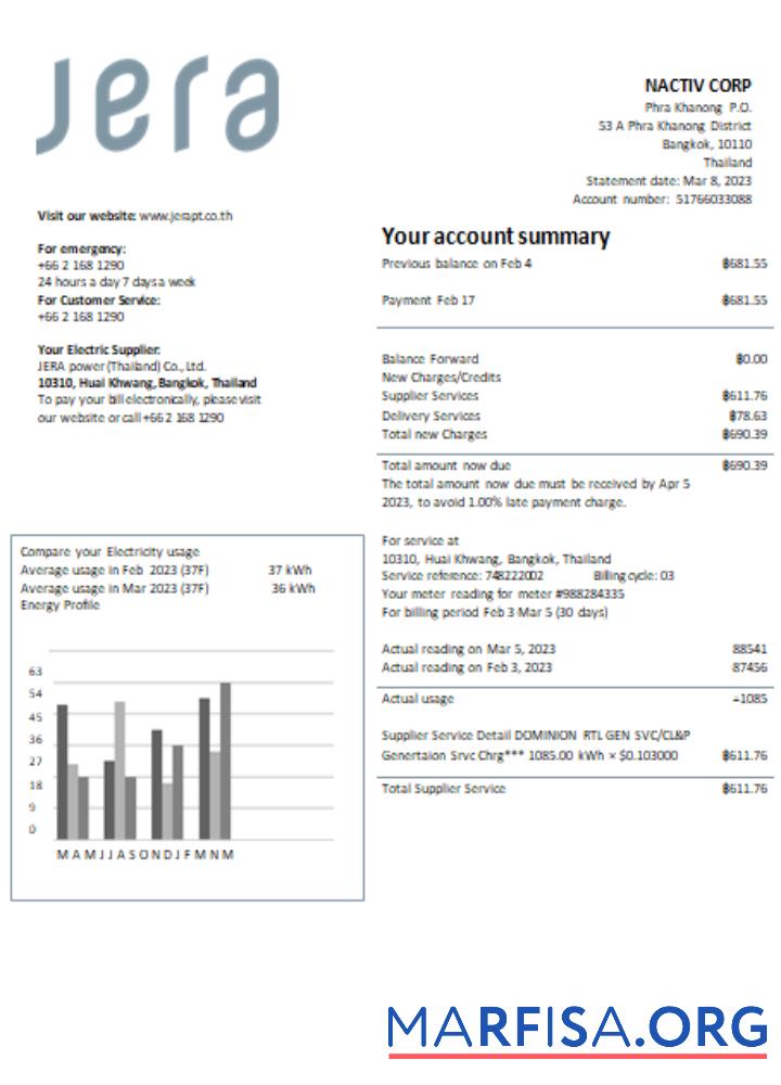 Printable JERA power (Thailand) Co., Ltd. utility business bill, SCR download for verification